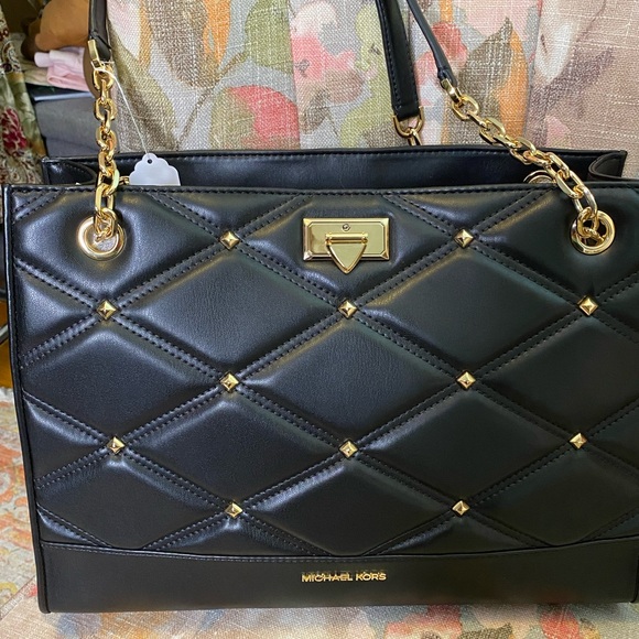 Michael Kors Serena Large Shoulder Bag Black Gold Tone Hardware New! Retail $678 - Picture 11 of 14